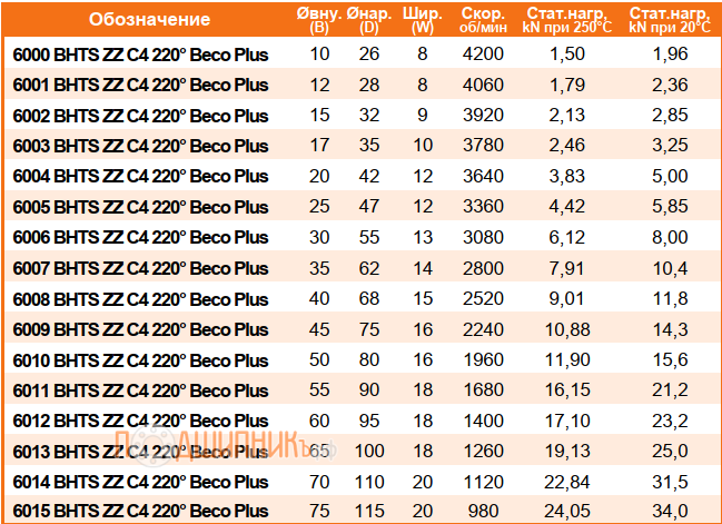 сводная таблица характеристик 6009 BHTS ZZ C4 220 Beco Plus