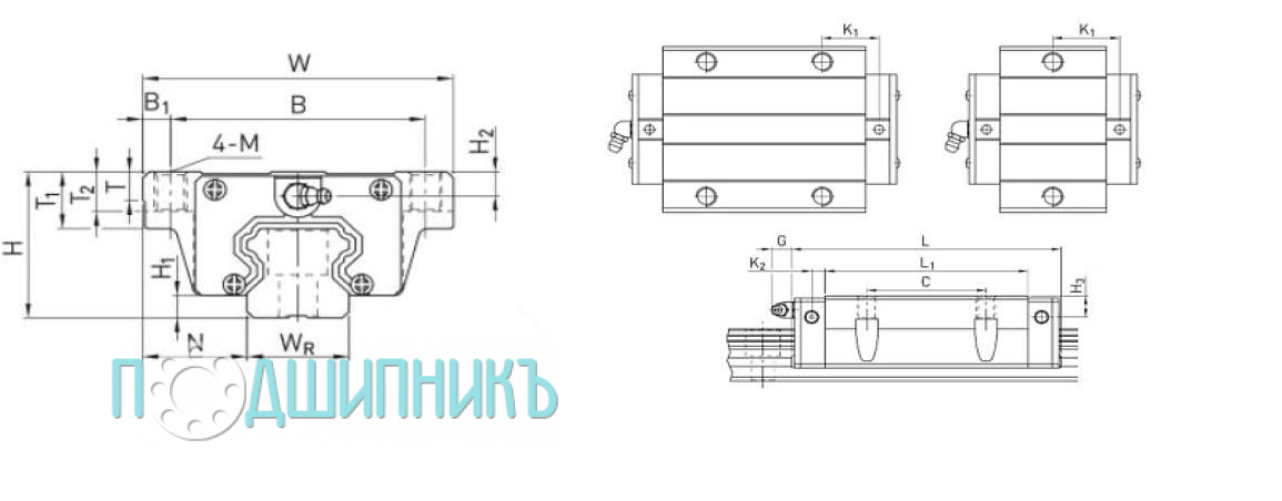 Размеры каретка HGW35CCZAH TECHNIX профильная направляющая