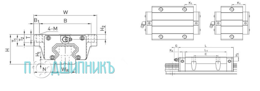 Размеры каретка HGW15CCZAH TECHNIX профильная направляющая