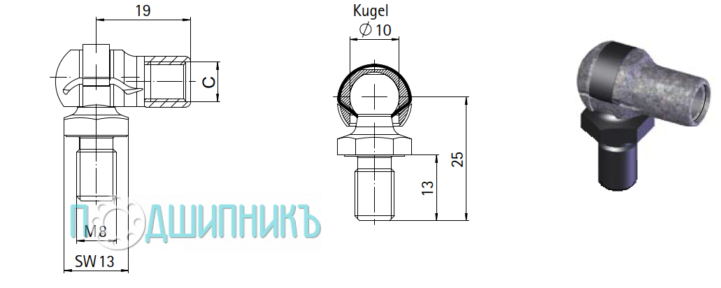 Схема, чертеж и внешний вид Шаровой шарнир Suspa Liftline A201-B201
