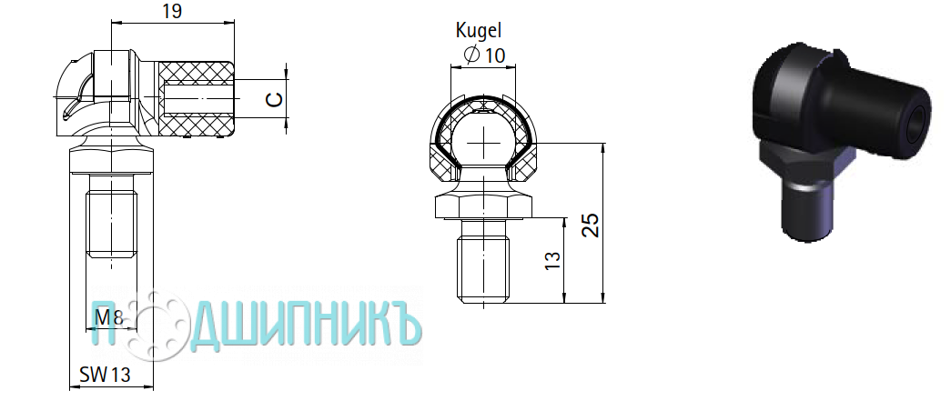 Схема, чертеж и внешний вид Шаровой шарнир Suspa Liftline A246-B246