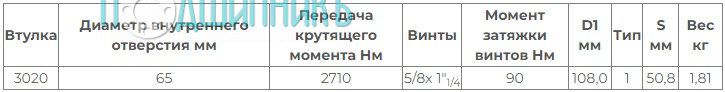 Характеристики Втулка Taper Bush / Taper Lock 3020-65