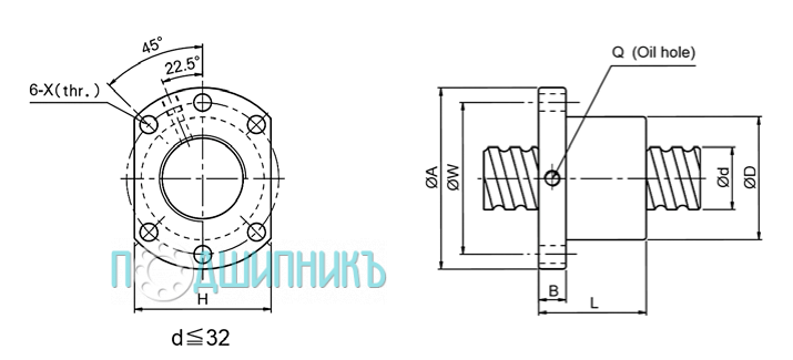 ГГабаритные размеры гайка SFU3205 ШВП от TECHNIX